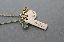 Load image into Gallery viewer, Bronze Skinny Rectangle Bar and Circle Disc Name Necklace Swarovski Crystal Birthstone on gold plated chain, Personalized Childrens Name
