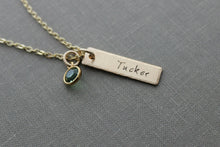 Load image into Gallery viewer, Bronze Skinny Rectangle Bar Name Necklace with Swarovski Crystal Birthstone on gold plated chain, Mommy Jewelry, Personalized Necklace