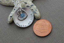 Load image into Gallery viewer, Baby name necklace - Sterling silver with heart - Personalized with Name and Swarovski Crystal Birthstone - new mom birthstone necklace