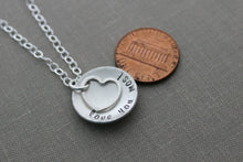 Load image into Gallery viewer, love you most necklace, all sterling silver, hammered heart charm and hammered cupped hand stamped sterling disc, Valentine&#39;s Day gift
