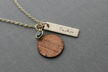 Load image into Gallery viewer, Bronze Skinny Rectangle Bar Name Necklace with Swarovski Crystal Birthstone on gold plated chain, Mommy Jewelry, Personalized Necklace