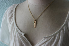 Load image into Gallery viewer, Bronze Skinny Rectangle Bar Name Necklace with Swarovski Crystal Birthstone on gold plated chain, Mommy Jewelry, Personalized Necklace
