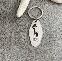 Load image into Gallery viewer, Whidbey Island Motel keychain with GPS coordinates- engraved stainless steel