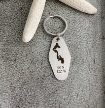 Load image into Gallery viewer, Whidbey Island Motel keychain with GPS coordinates- engraved stainless steel
