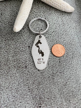 Load image into Gallery viewer, Whidbey Island Motel keychain with GPS coordinates- engraved stainless steel
