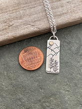 Load image into Gallery viewer, Sterling silver Mountain and Tree Scene Bar necklace with Bronze sun - Handmade Jewelry
