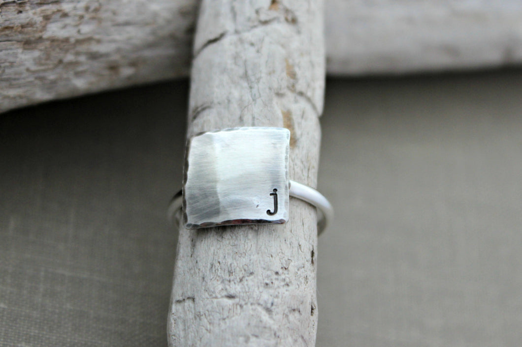 Sterling Silver Initial Ring, Hand stamped, Personalized ring, square ring