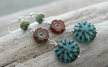 Load image into Gallery viewer, Multi Colored Czech Glass Earrings - Green. Red and Blue summer long dangle earrings - sterling silver