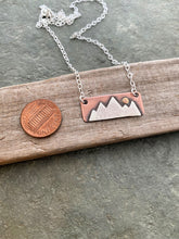 Load image into Gallery viewer, Mountain range necklace - mixed metal rustic copper and sterling silver with bronze sun