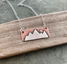 Load image into Gallery viewer, Mountain range necklace - mixed metal rustic copper and sterling silver with bronze sun