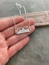 Load image into Gallery viewer, Mountain range necklace - mixed metal rustic copper and sterling silver with bronze sun