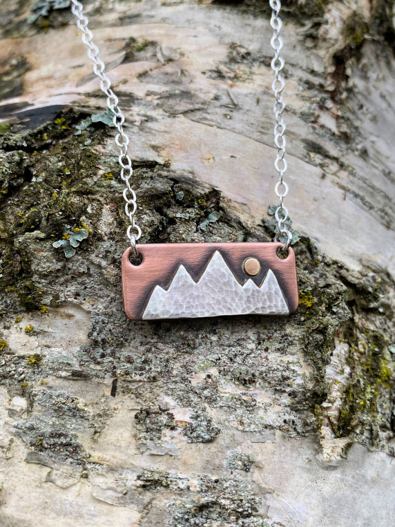 Mountain range necklace - mixed metal rustic copper and sterling silver with bronze sun