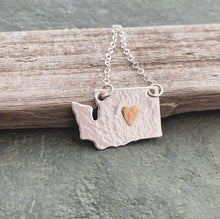 Load image into Gallery viewer, Sterling silver Washington State pendant with bronze heart - mixed metal textured necklace
