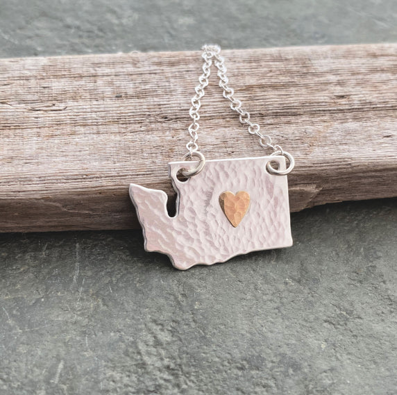 Sterling silver Washington State pendant with bronze heart - mixed metal textured necklace