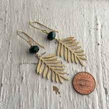 Load image into Gallery viewer, Tropical leaf earrings with green Czech glass beads , plant dangle earrings
