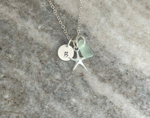 Load image into Gallery viewer, Sterling silver starfish necklace, with seafoam genuine sea glass and personalized sterling initial disc charm, Beach jewelry, seaglass
