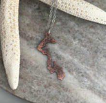 Load image into Gallery viewer, Whidbey Island Outline Necklace -  Washington State Rustic Copper with stainless steel chain - Heart design over your city / location
