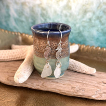 Load image into Gallery viewer, Sterling silver white sea glass earrings with Sterling silver seahorses
