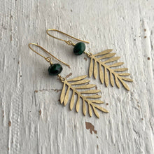 Load image into Gallery viewer, Tropical leaf earrings with green Czech glass beads , plant dangle earrings

