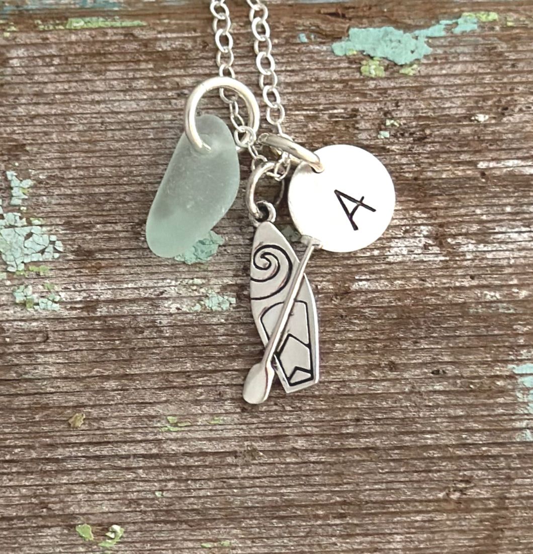 SUP Stand up paddle board Charm necklace - Genuine Sea Glass - sterling silver - Personalized Initial Disc - Paddler Water sports jewelry