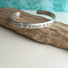 Load image into Gallery viewer, Name Cuff Bracelet - Silver Aluminum - Personalized Custom Names - Mothers Bracelet -Hearts - Hand stamped - Gift for her - skinny cuff
