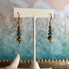 Load image into Gallery viewer, Boho Czech glass dangle earrings copper, mustard yellow, green and blue

