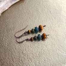 Load image into Gallery viewer, Boho Czech glass dangle earrings copper, mustard yellow, green and blue
