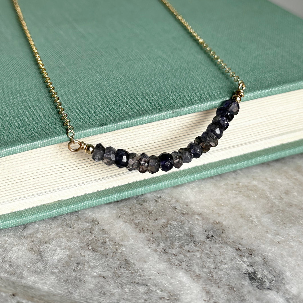 Iolite gemstone necklace - beaded bar necklace with 14k gold filled chain