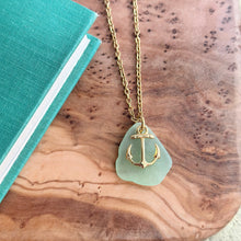 Load image into Gallery viewer, Mint green seafoam sea glass and gold anchor charm necklace, stainless steel chain
