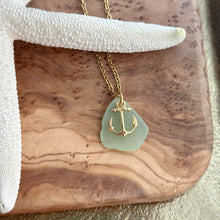Load image into Gallery viewer, Mint green seafoam sea glass and gold anchor charm necklace, stainless steel chain
