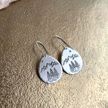 Load image into Gallery viewer, Teardrop Outdoor theme mountain earrings, silver tone with mountains, trees, moon and star
