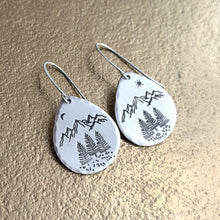 Load image into Gallery viewer, Teardrop Outdoor theme mountain earrings, silver tone with mountains, trees, moon and star
