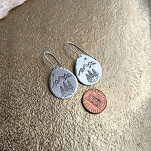 Load image into Gallery viewer, Teardrop Outdoor theme mountain earrings, silver tone with mountains, trees, moon and star
