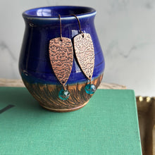 Load image into Gallery viewer, Copper textured dangle earrings with teal blue green Czech glass
