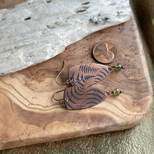 Load image into Gallery viewer, Copper fern dangle earrings with green crystals
