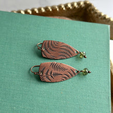 Load image into Gallery viewer, Copper fern dangle earrings with green crystals
