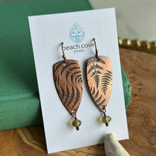 Load image into Gallery viewer, Copper fern dangle earrings with green crystals
