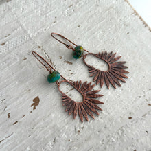 Load image into Gallery viewer, Copper textured fan dangle earrings with aqua teal green Czech glass beads - rustic earrings
