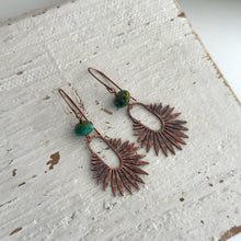Load image into Gallery viewer, Copper textured fan dangle earrings with aqua teal green Czech glass beads - rustic earrings
