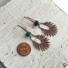 Load image into Gallery viewer, Copper textured fan dangle earrings with aqua teal green Czech glass beads - rustic earrings
