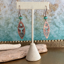 Load image into Gallery viewer, Copper textured whale tail dangle earrings with aqua teal Czech glass beads - rustic earrings sun and waves
