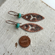 Load image into Gallery viewer, Copper textured whale tail dangle earrings with aqua teal Czech glass beads - rustic earrings sun and waves
