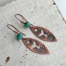 Load image into Gallery viewer, Copper textured whale tail dangle earrings with aqua teal Czech glass beads - rustic earrings sun and waves
