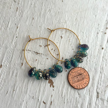 Load image into Gallery viewer, Purple and Teal Czech Glass Teardrop and Gold Stainless Steel Hoops, Bohemian Earrings, Colored Drops, Mermaid Earrings
