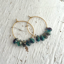 Load image into Gallery viewer, Purple and Teal Czech Glass Teardrop and Gold Stainless Steel Hoops, Bohemian Earrings, Colored Drops, Mermaid Earrings
