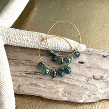 Load image into Gallery viewer, Purple and Teal Czech Glass Teardrop and Gold Stainless Steel Hoops, Bohemian Earrings, Colored Drops, Mermaid Earrings
