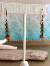 Load image into Gallery viewer, Boho Czech glass dangle earrings copper, mustard yellow, green and blue
