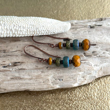 Load image into Gallery viewer, Boho Czech glass dangle earrings copper, mustard yellow, green and blue
