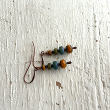 Load image into Gallery viewer, Boho Czech glass dangle earrings copper, mustard yellow, green and blue
