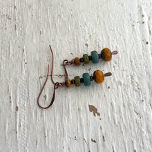 Load image into Gallery viewer, Boho Czech glass dangle earrings copper, mustard yellow, green and blue
